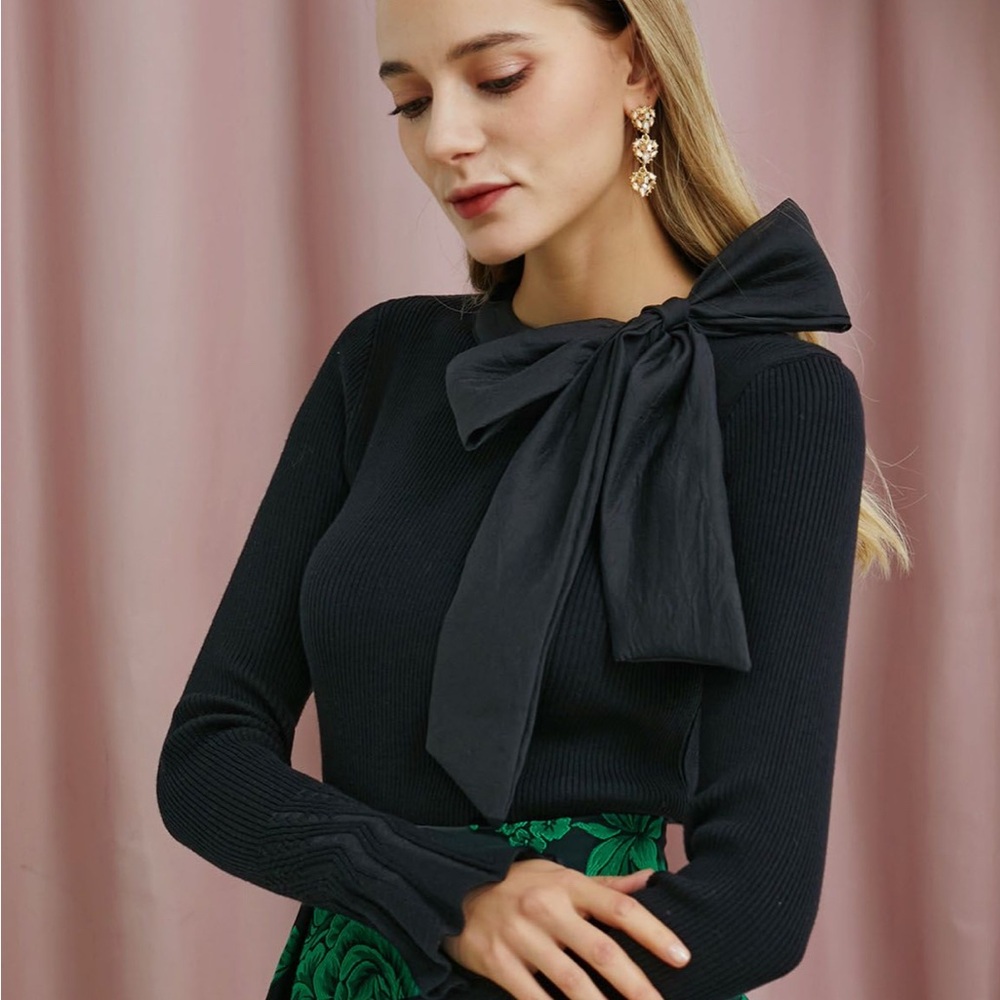 CHIC WISH black, long, sleeved,  bow neck cotton knit sweater.